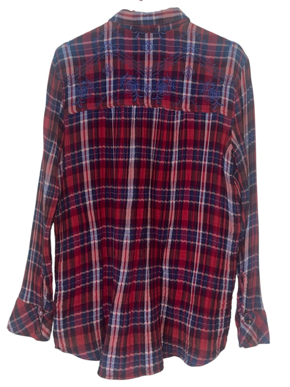 Free People “Magical” plaid button down embroidered shirt. Size large GUC - Picture 3 of 8
